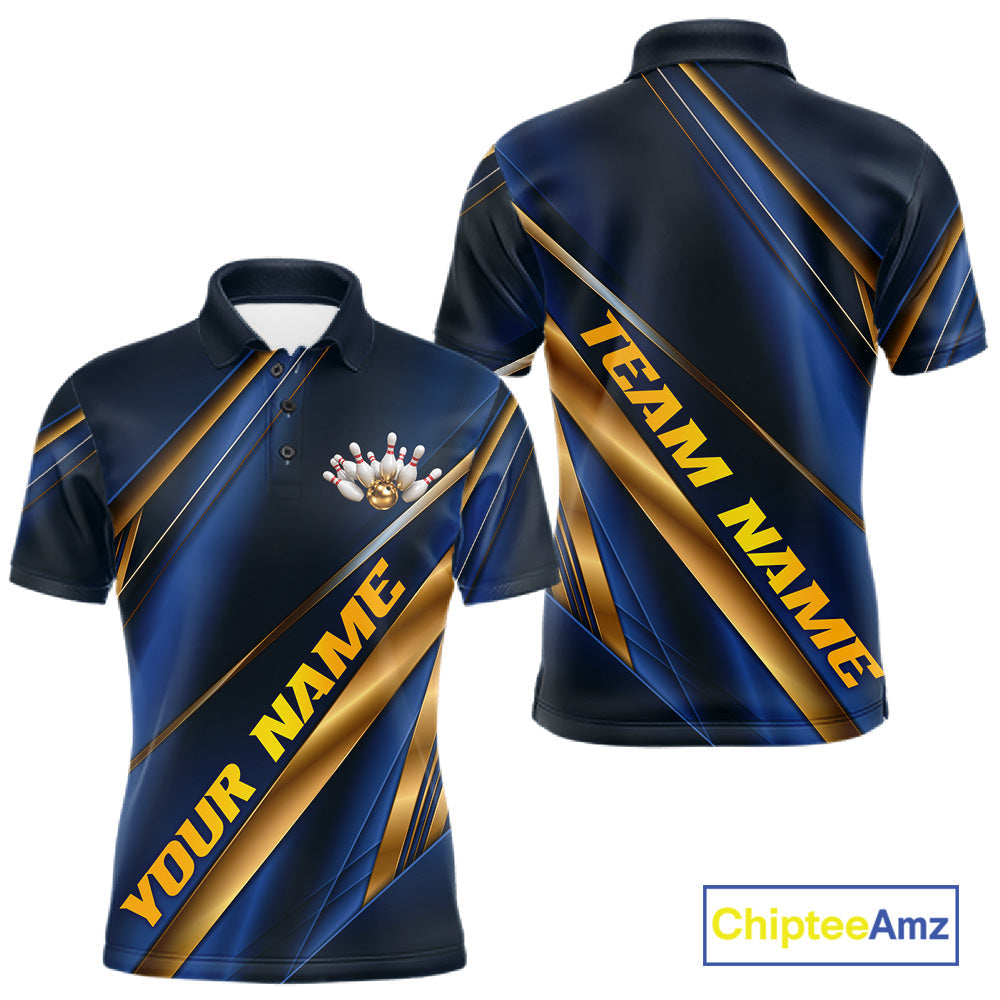 Custom Blue And Gold Stripes Bowling Polo Shirt, Golden Bowling Team Jerseys