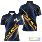 Custom Blue And Gold Stripes Bowling Polo Shirt, Golden Bowling Team Jerseys