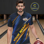 Custom Blue And Gold Stripes Bowling Polo Shirt, Golden Bowling Team Jerseys