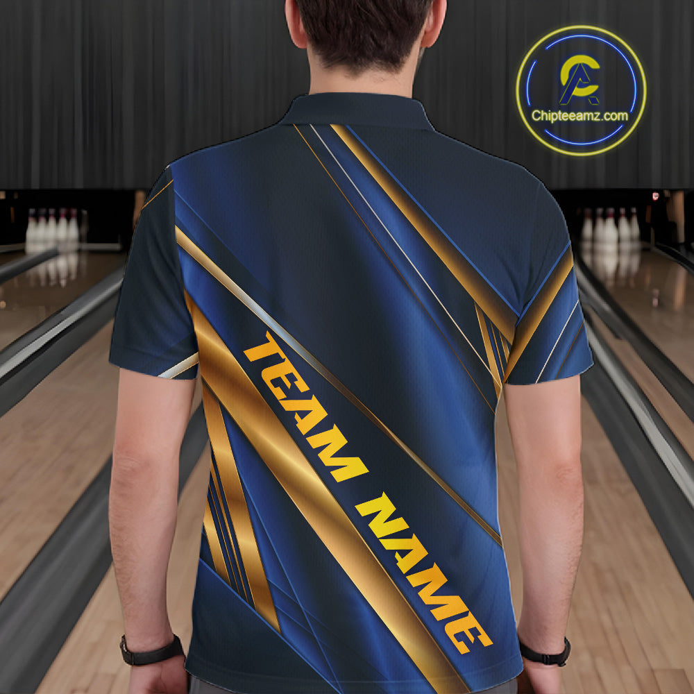 Custom Blue And Gold Stripes Bowling Polo Shirt, Golden Bowling Team Jerseys
