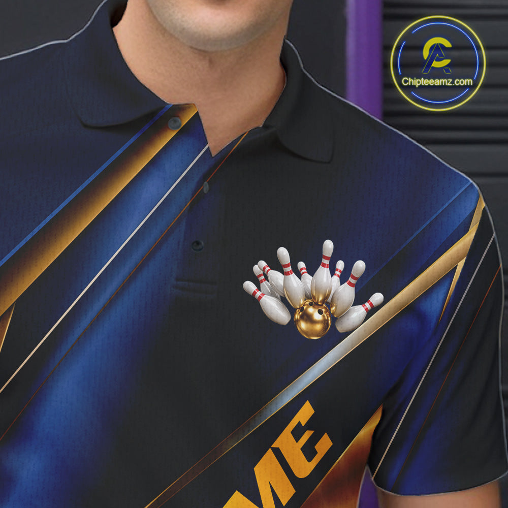 Custom Blue And Gold Stripes Bowling Polo Shirt, Golden Bowling Team Jerseys