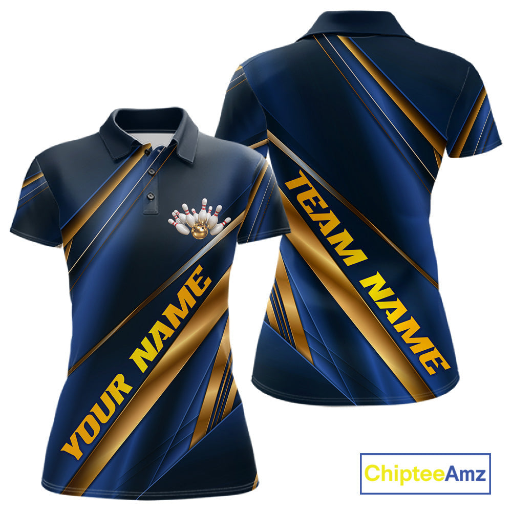 Custom Blue And Gold Stripes Bowling Polo Shirt, Golden Bowling Team Jerseys