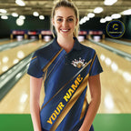 Custom Blue And Gold Stripes Bowling Polo Shirt, Golden Bowling Team Jerseys