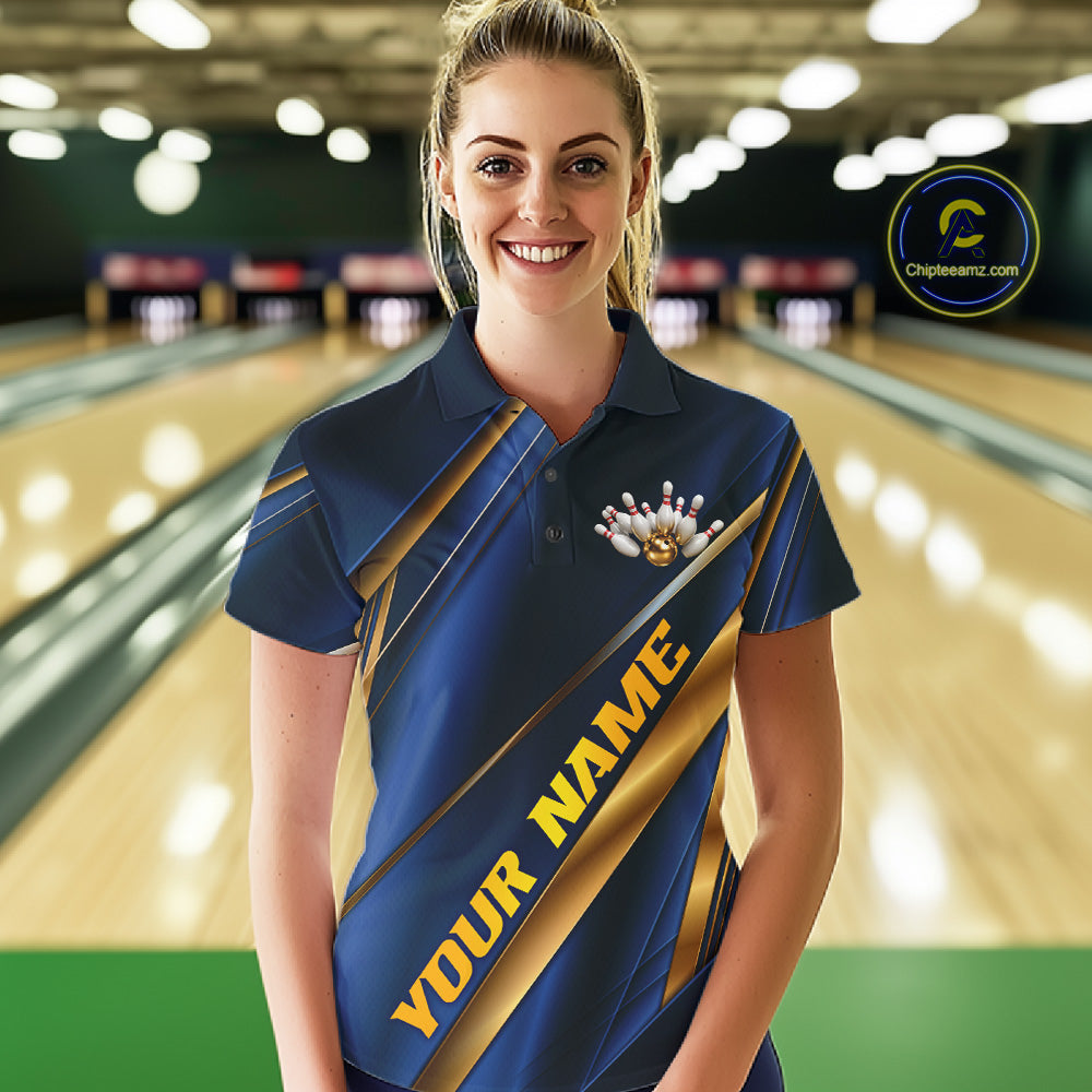 Custom Blue And Gold Stripes Bowling Polo Shirt, Golden Bowling Team Jerseys