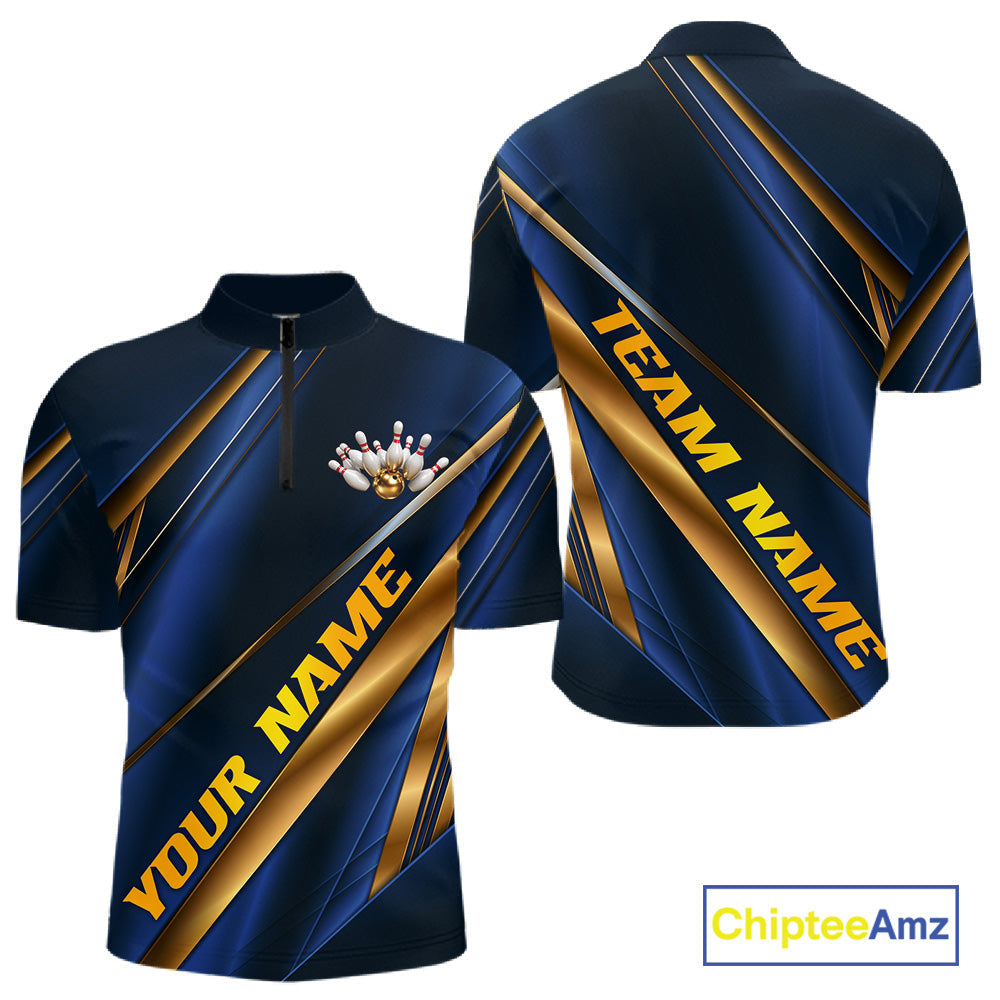 Custom Blue And Gold Stripes Bowling Quarter Zip Shirt, Golden Bowling Team Jerseys