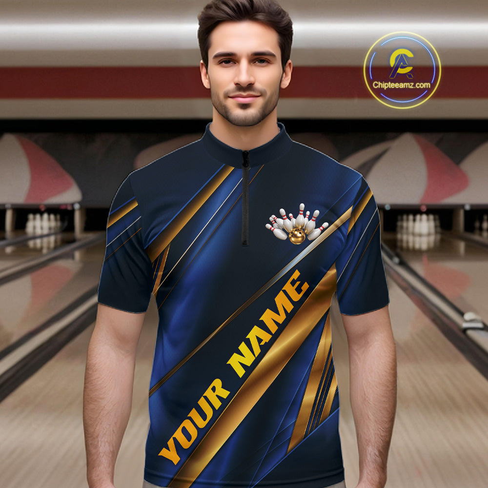 Custom Blue And Gold Stripes Bowling Quarter Zip Shirt, Golden Bowling Team Jerseys