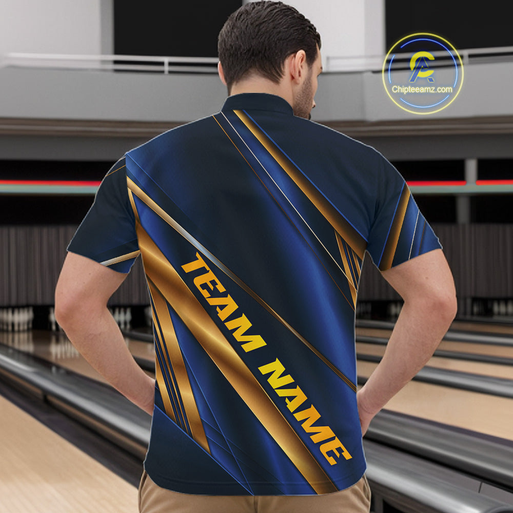 Custom Blue And Gold Stripes Bowling Quarter Zip Shirt, Golden Bowling Team Jerseys