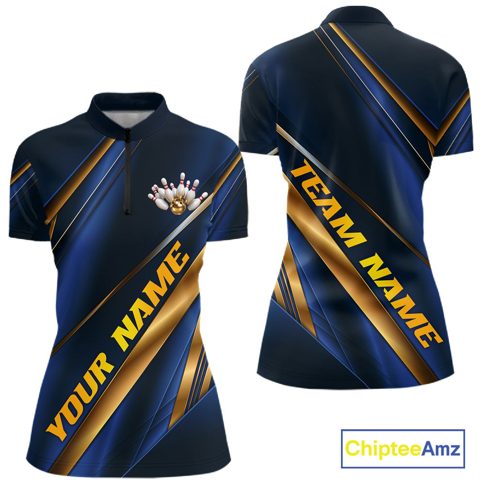 Custom Blue And Gold Stripes Bowling Quarter-Zip Shirt, Golden Bowling Team Jersey