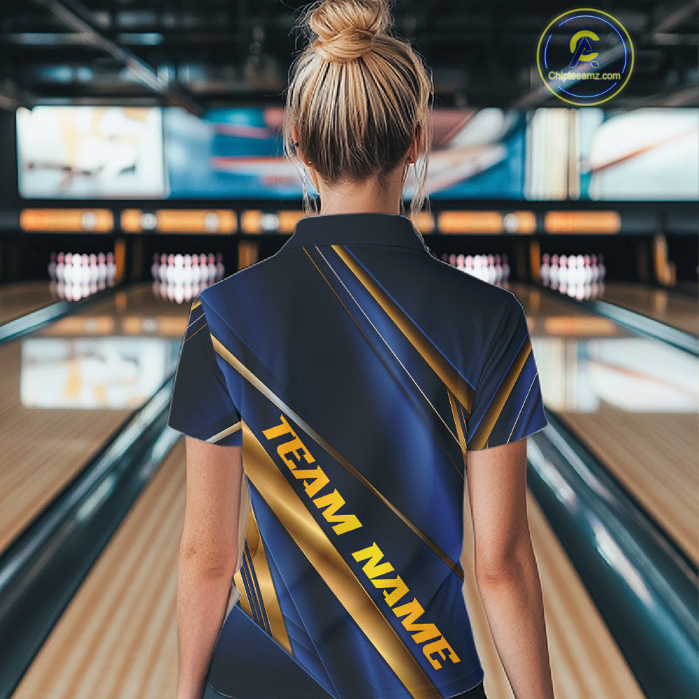 Custom Blue And Gold Stripes Bowling Quarter-Zip Shirt, Golden Bowling Team Jersey