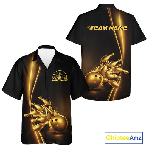 Custom Black And Gold Bowling And Hawaiian Shirt, Bowling Team Tournament Shirt Bowler Outfit