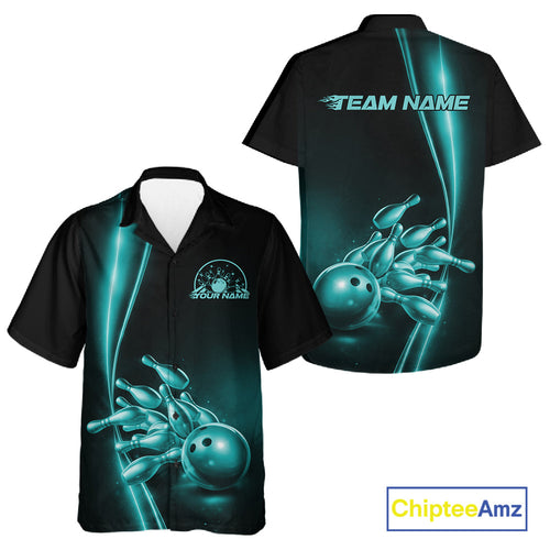 Custom Black And Turquoise Blue Bowling And Hawaiian Shirt, Bowling Tournament Shirt Outfit