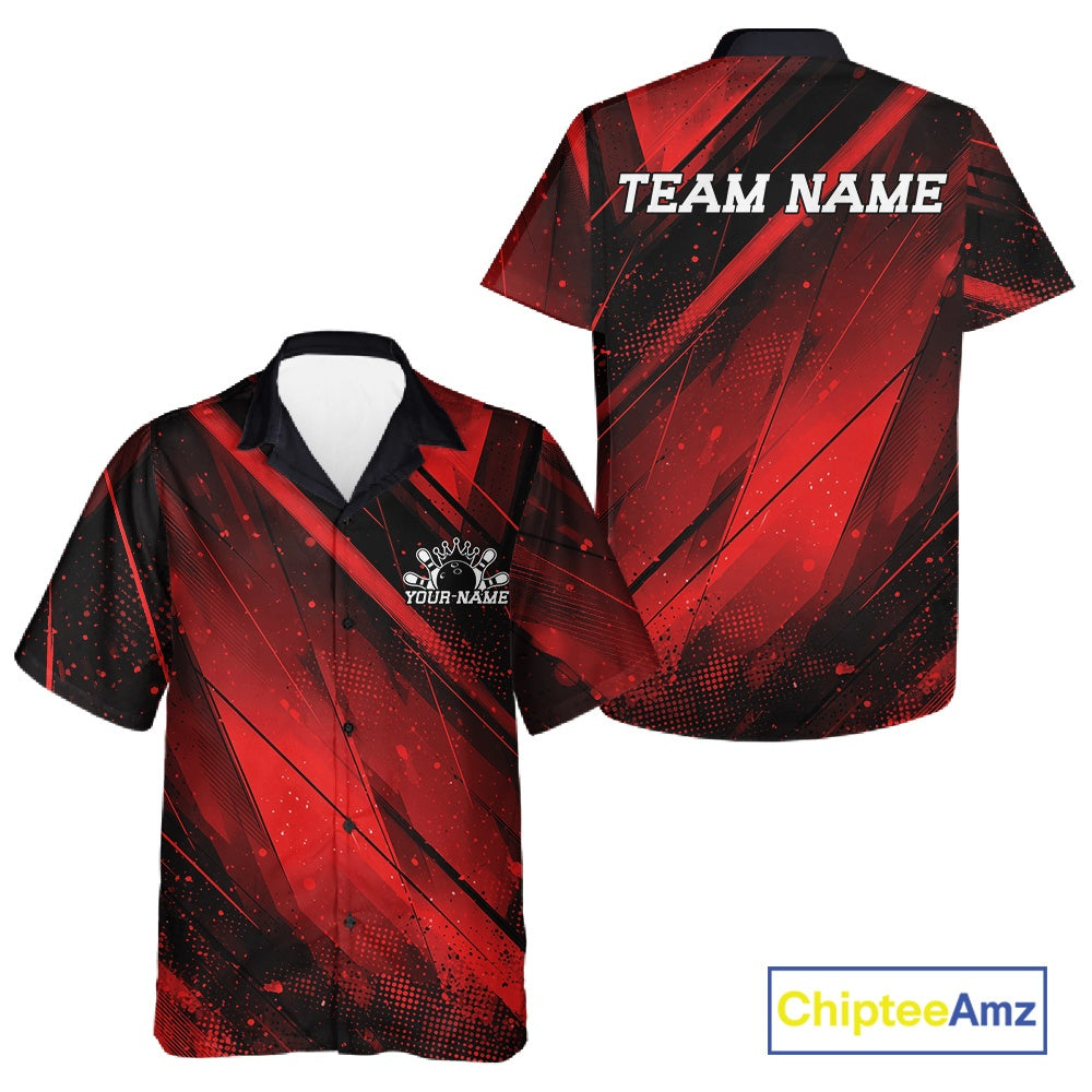 Custom Black And Red Splatter Halftone And Bowling Hawaiian Shirts Bowling Team Jerseys