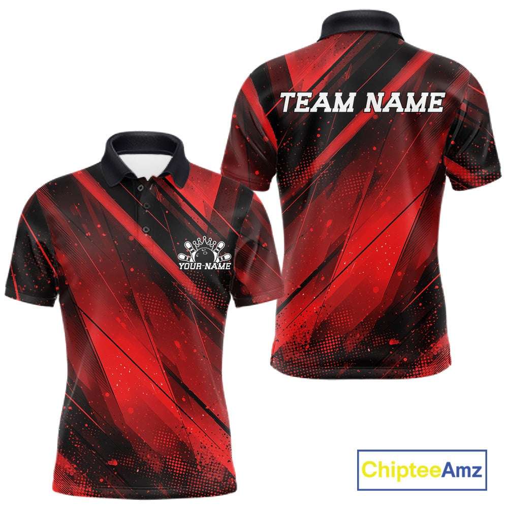 Custom Black And Red Splatter Halftone Bowling Polo Shirts Bowling Team Jerseys