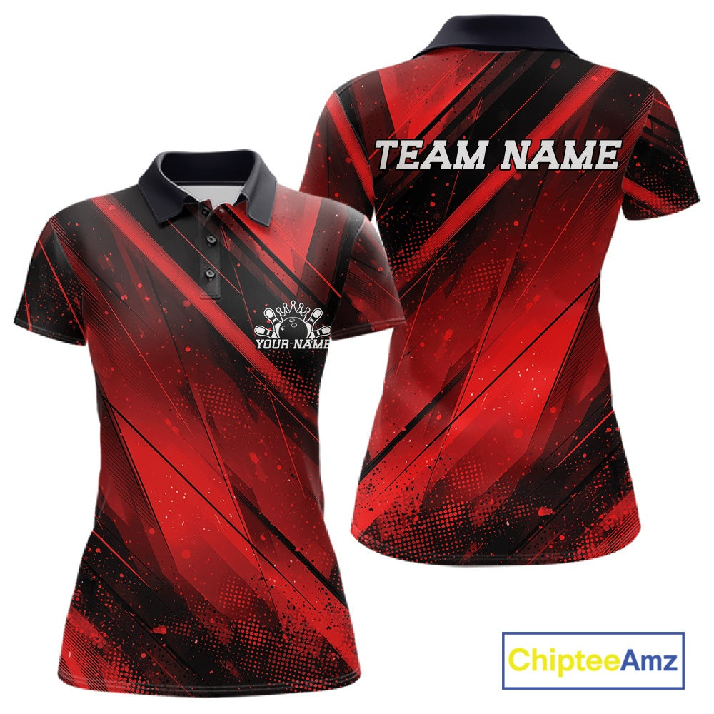 Custom Black And Red Splatter Halftone Bowling Polo Shirts Bowling Team Jerseys