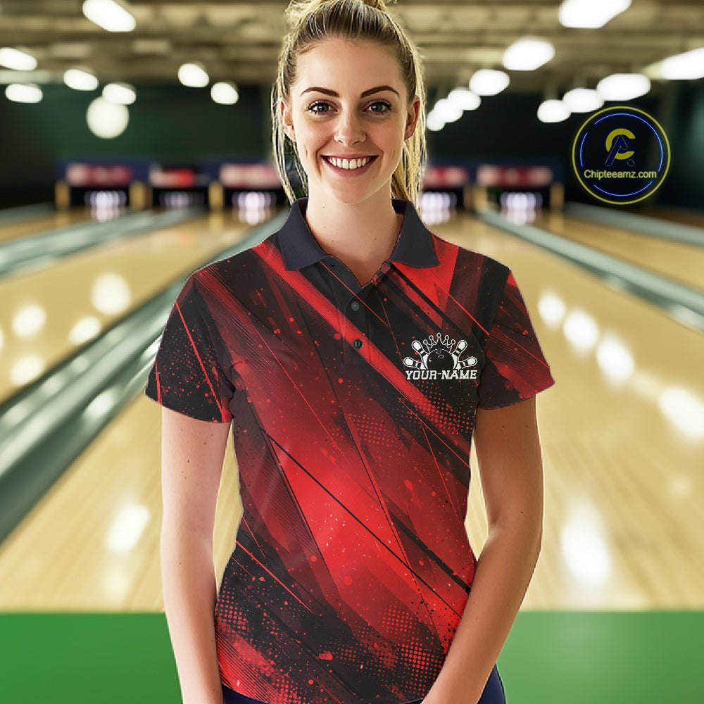 Custom Black And Red Splatter Halftone Bowling Polo Shirts Bowling Team Jerseys