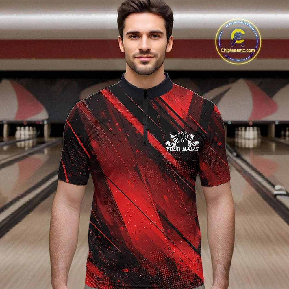 Custom Black And Red Splatter Halftone Bowling Quarter-Zip Shirts Bowling Team Jerseys