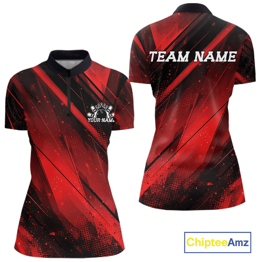 Custom Black And Red Splatter Halftone Bowling Quarter-Zip Shirts Bowling Jersey