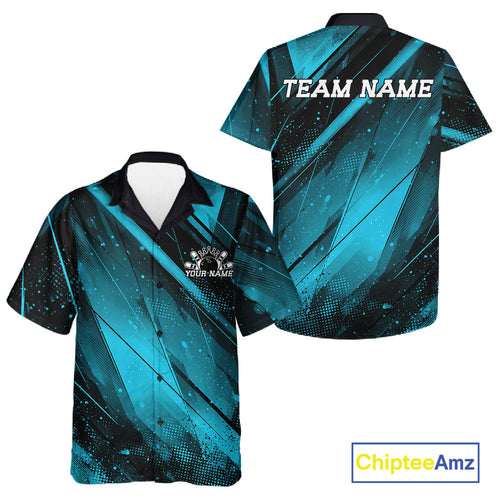 Custom Black And Blue Splatter Halftone And Bowling Hawaiian Shirts Bowling Team Jerseys