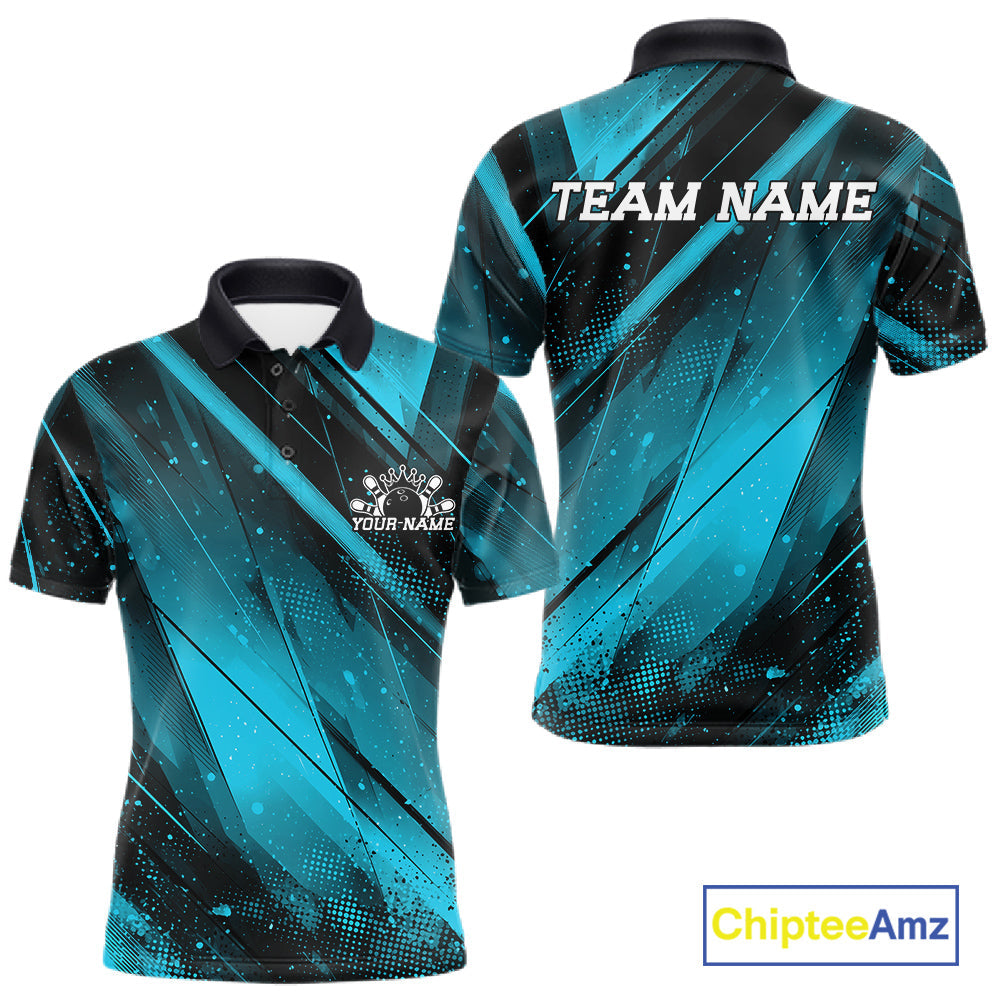 Custom Black And Blue Splatter Halftone Bowling Polo Shirts Bowling Team Jerseys