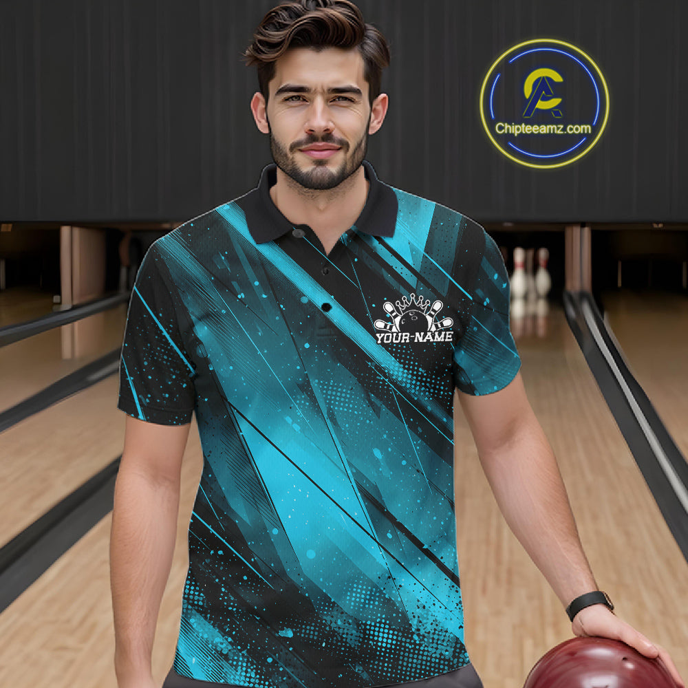 Custom Black And Blue Splatter Halftone Bowling Polo Shirts Bowling Team Jerseys