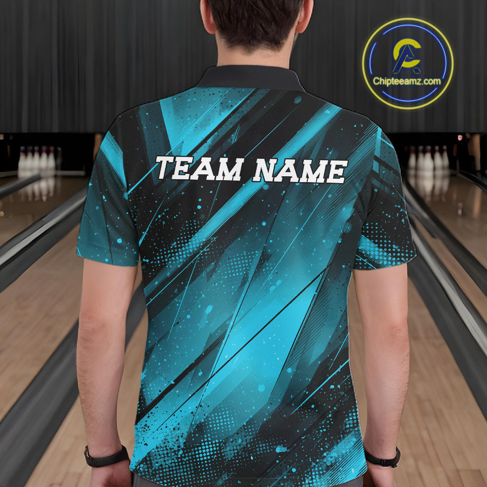 Custom Black And Blue Splatter Halftone Bowling Polo Shirts Bowling Team Jerseys