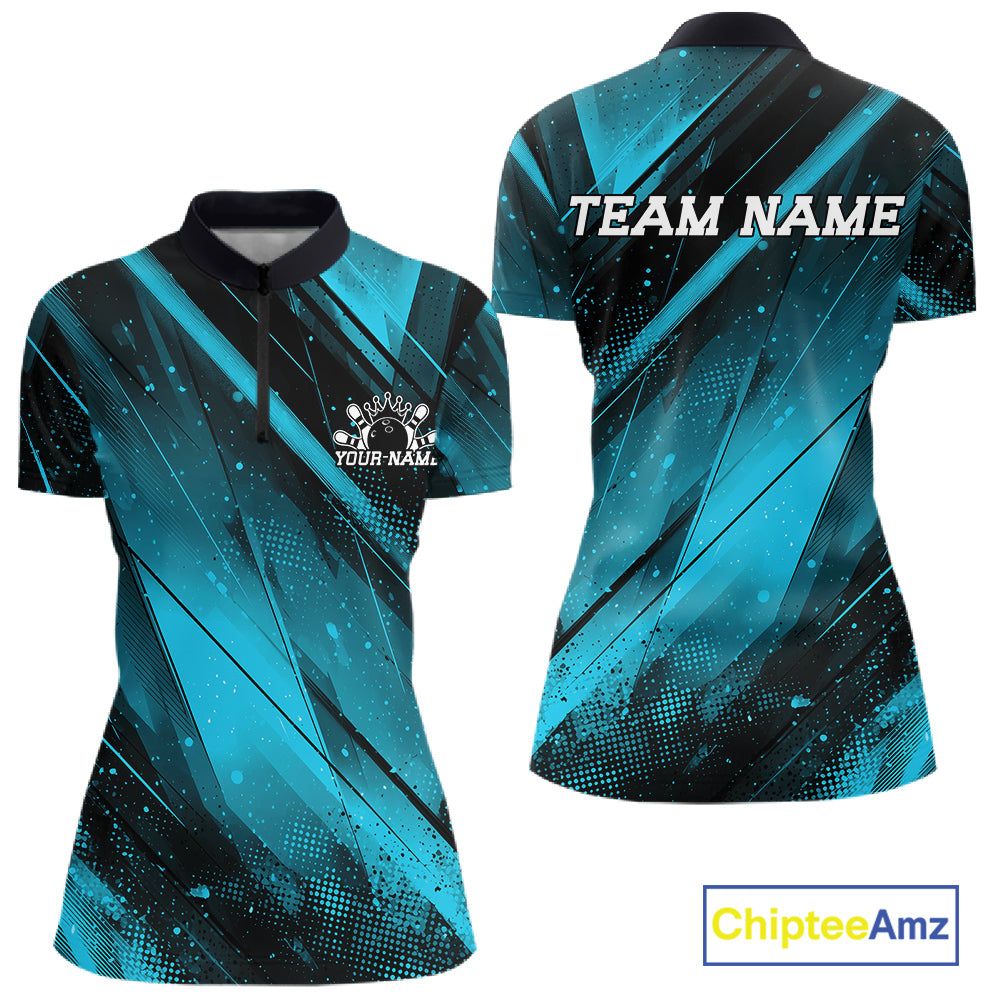 Custom Black And Blue Splatter Halftone Bowling Quarter-Zip Shirts Bowling Jersey