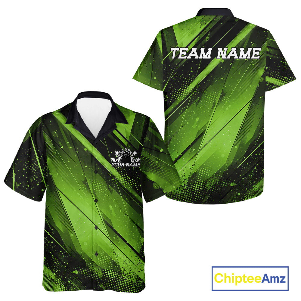 Custom Black And Green Splatter Halftone And Bowling Hawaiian Shirts Bowling Team Jerseys