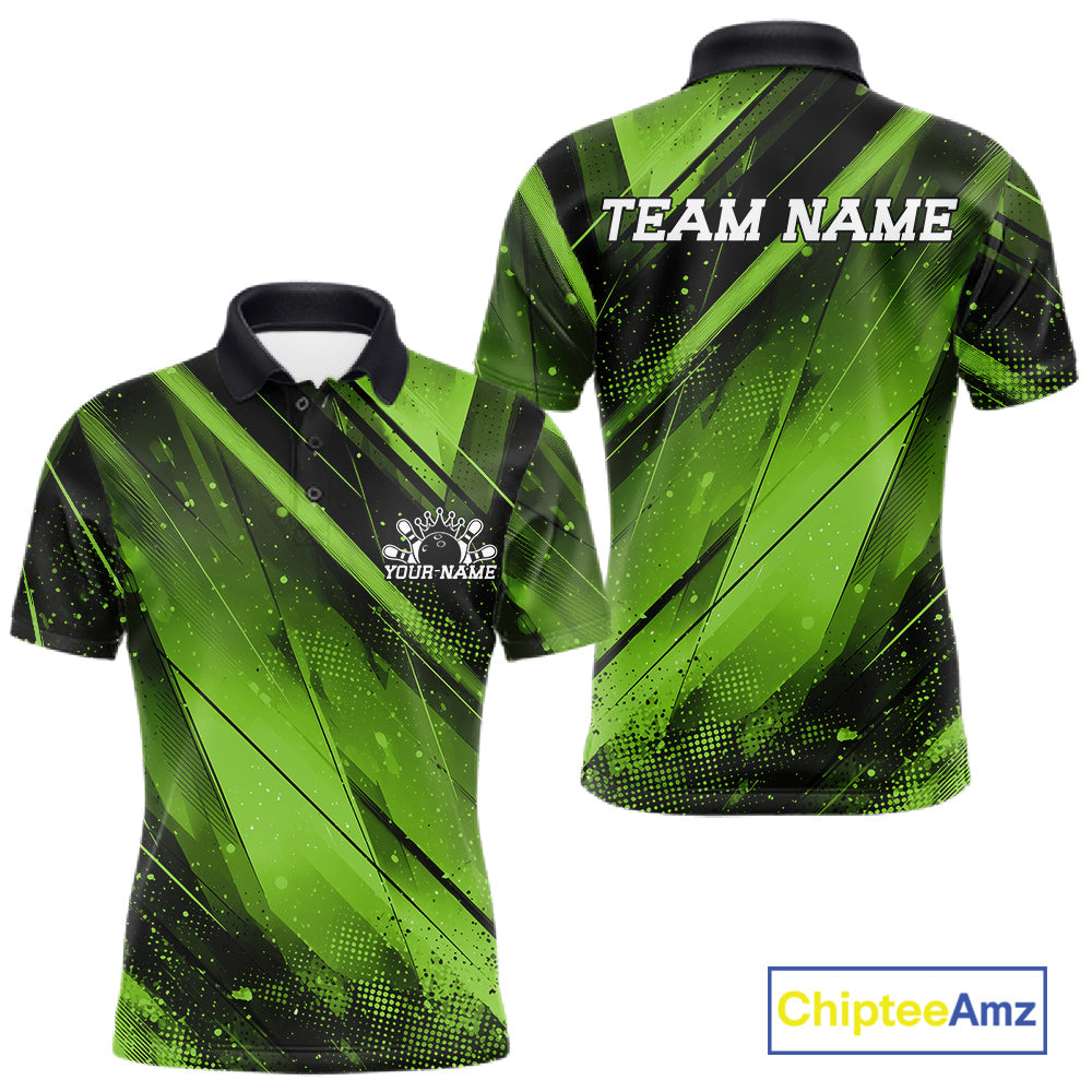 Custom Black And Green Splatter Halftone Bowling Polo Shirts Bowling Team Jerseys