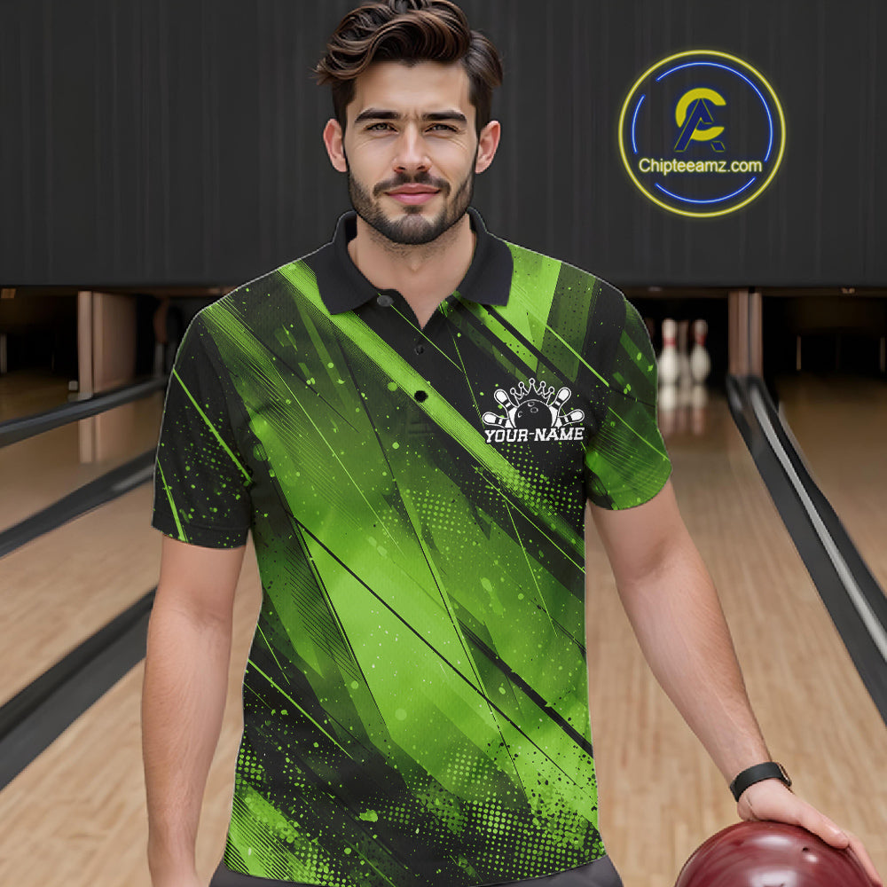Custom Black And Green Splatter Halftone Bowling Polo Shirts Bowling Team Jerseys