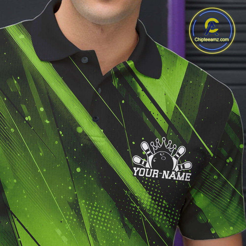 Custom Black And Green Splatter Halftone Bowling Polo Shirts Bowling Team Jerseys