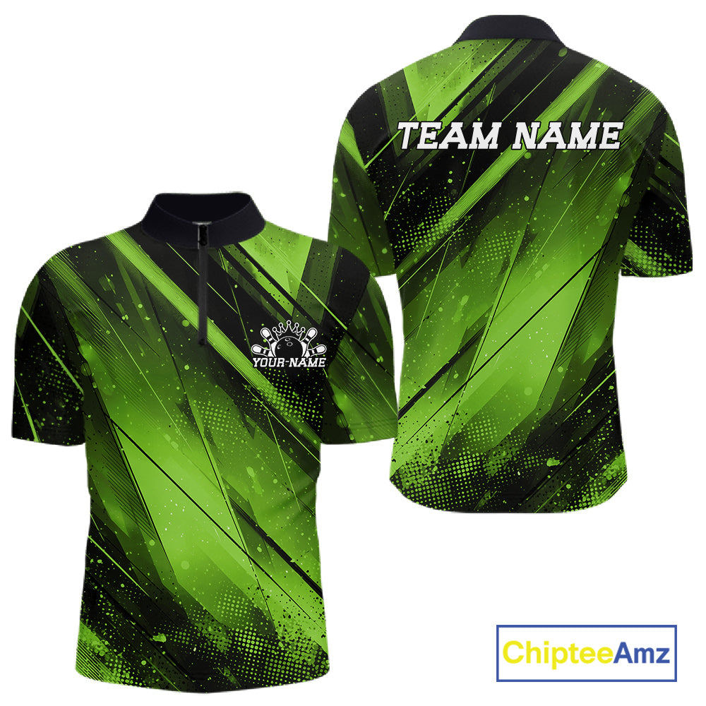Custom Black And Green Splatter Halftone Bowling Quarter-Zip Shirts Bowling Team Jerseys