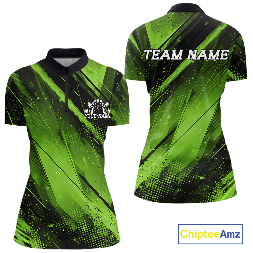 Custom Black And Green Splatter Halftone Bowling Quarter-Zip Shirts Bowling Jersey