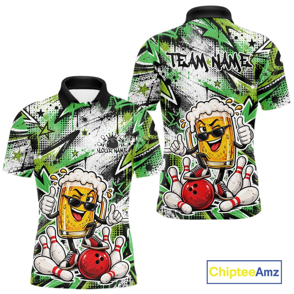 Green Graffiti Theme Custom Funny Beer Bowling Polo Shirt, Team Jersey