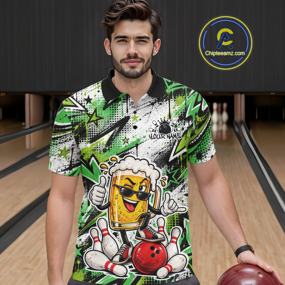 Green Graffiti Theme Custom Funny Beer Bowling Polo Shirt, Team Jersey