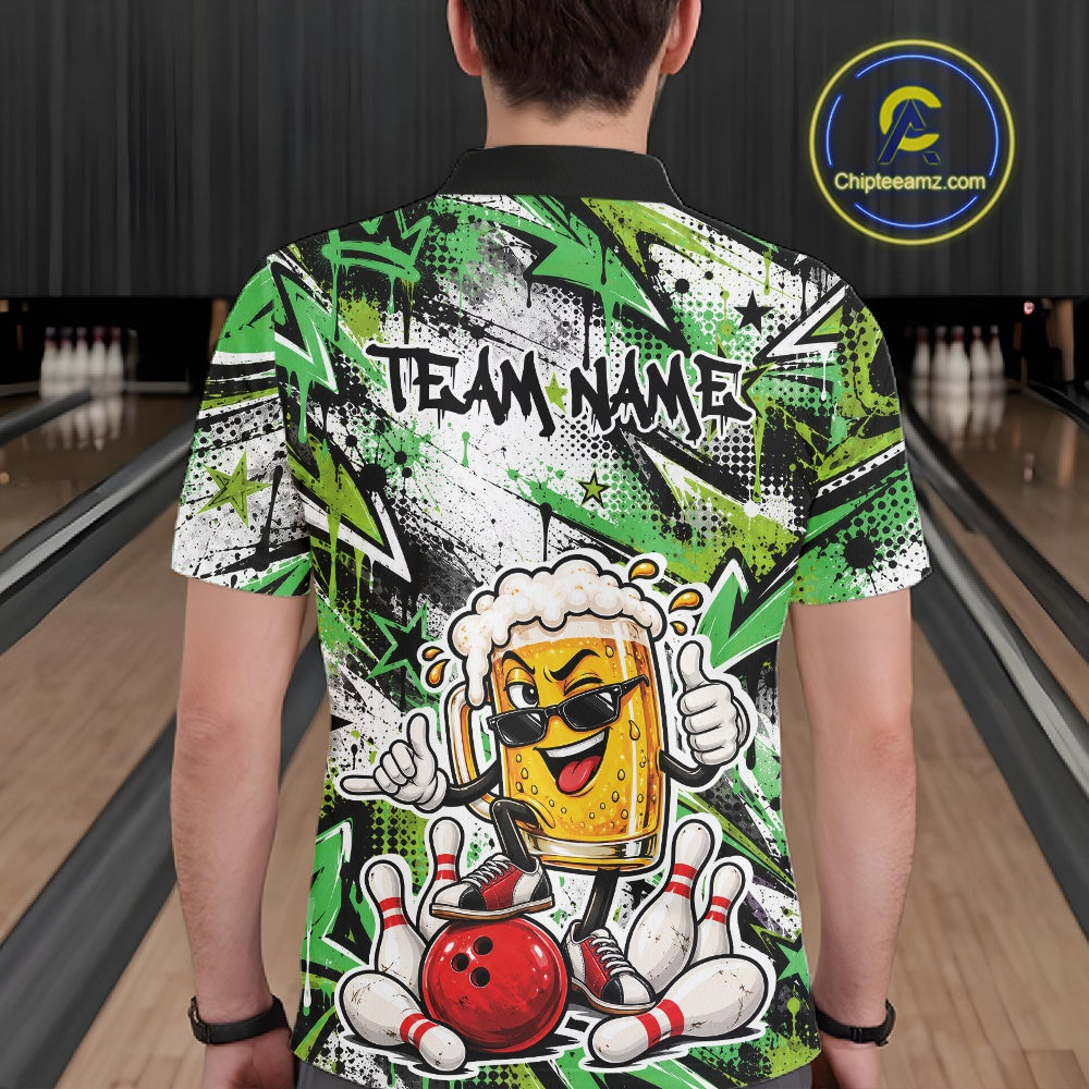 Green Graffiti Theme Custom Funny Beer Bowling Polo Shirt, Team Jersey