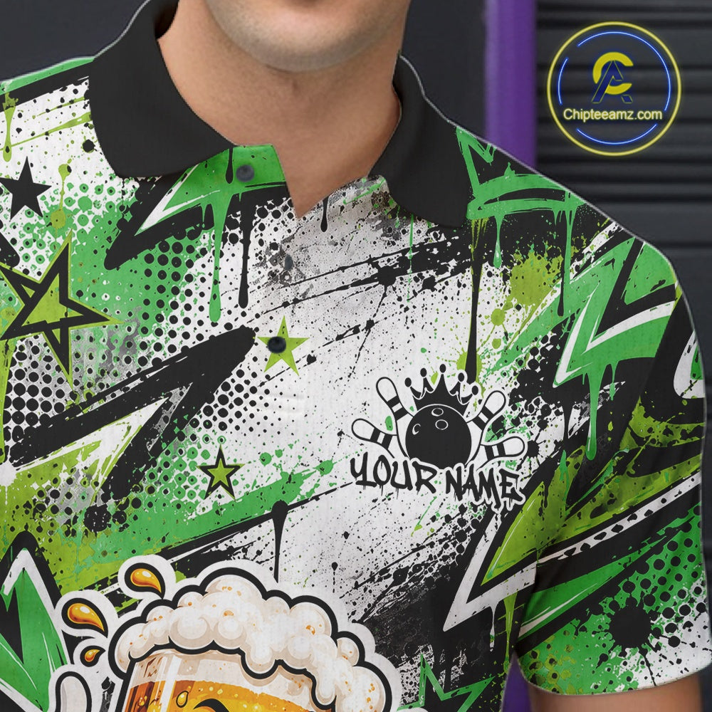 Green Graffiti Theme Custom Funny Beer Bowling Polo Shirt, Team Jersey