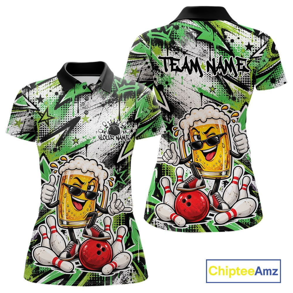 Green Graffiti Theme Custom Funny Beer Bowling Polo Shirt, Team Jersey