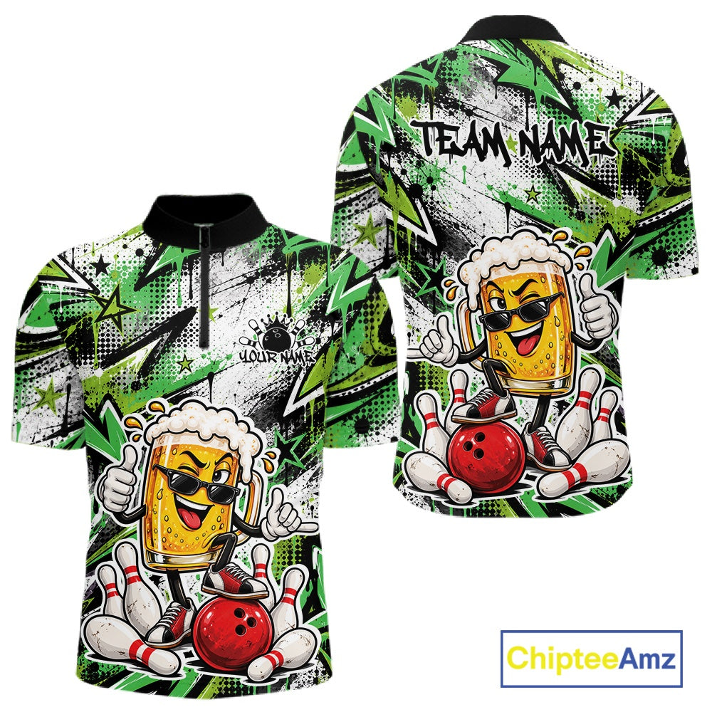 Green Graffiti Theme Custom Funny Beer Bowling Quarter Zip Shirt, Team Jersey