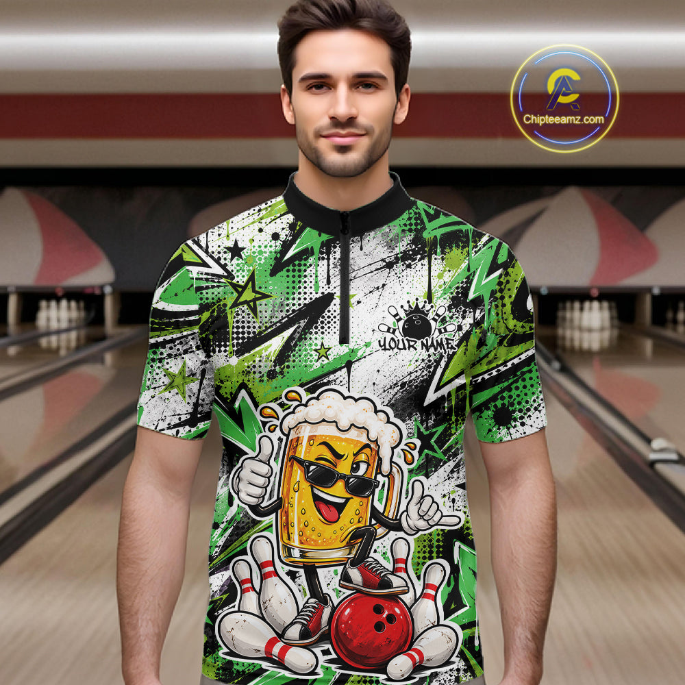 Green Graffiti Theme Custom Funny Beer Bowling Quarter Zip Shirt, Team Jersey