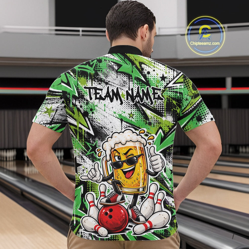 Green Graffiti Theme Custom Funny Beer Bowling Quarter Zip Shirt, Team Jersey