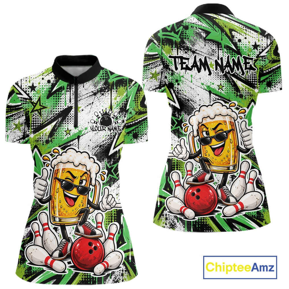 Green Graffiti Theme Custom Funny Beer Bowling Quarter-Zip Shirt, Team Jersey