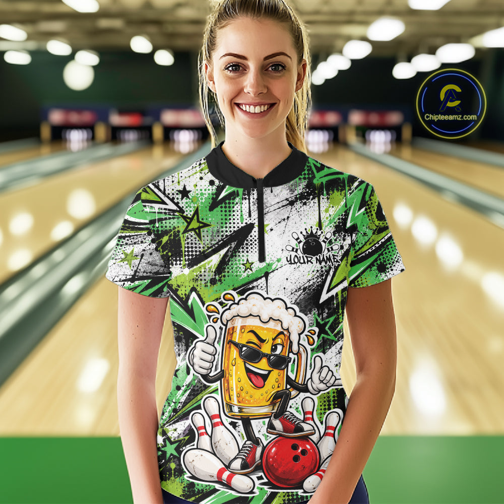 Green Graffiti Theme Custom Funny Beer Bowling Quarter-Zip Shirt, Team Jersey