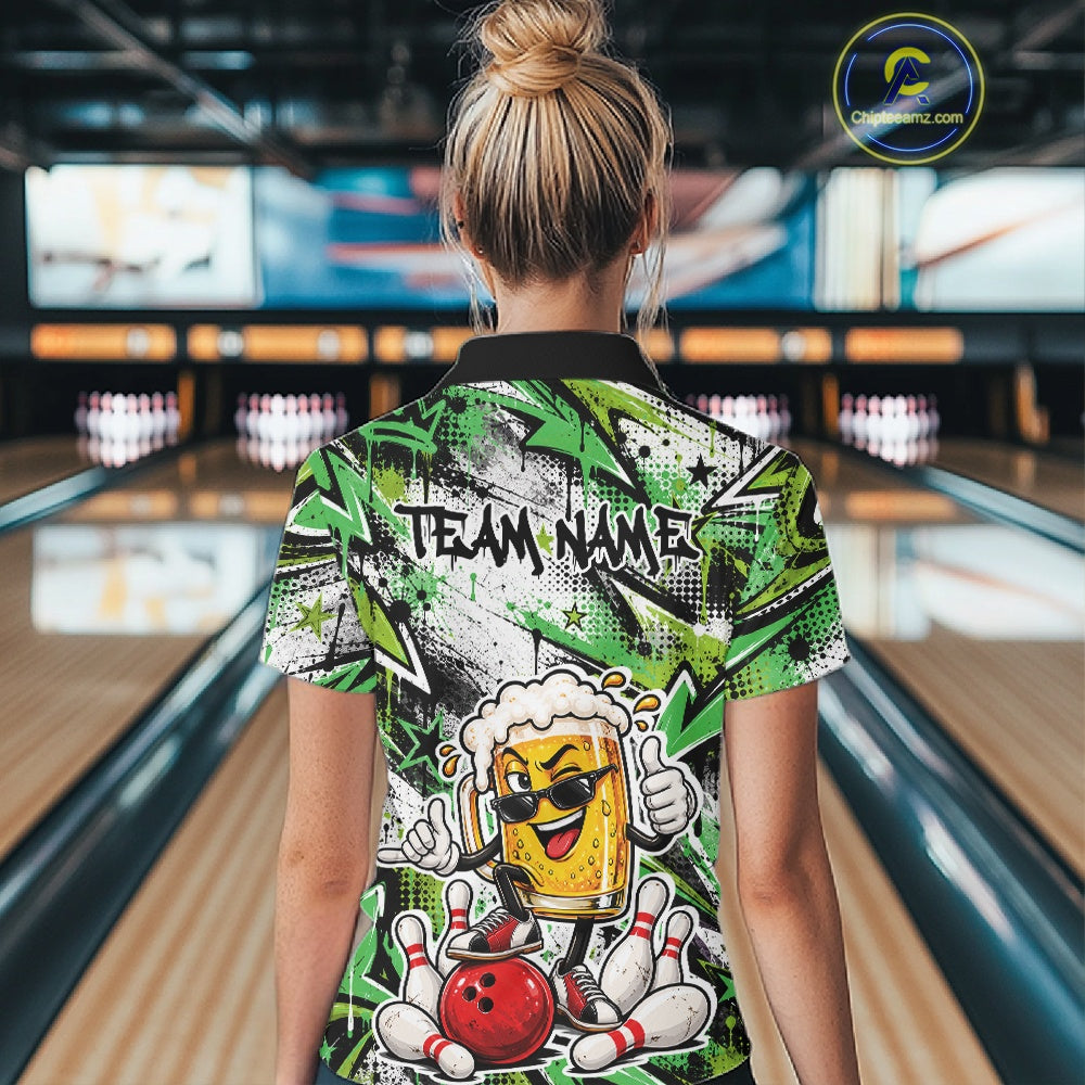 Green Graffiti Theme Custom Funny Beer Bowling Quarter-Zip Shirt, Team Jersey