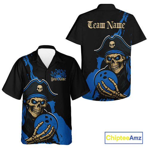 Custom Black And Blue Pirate Bowling And Hawaiian Shirt, Pirate Bowling Team Jerseys