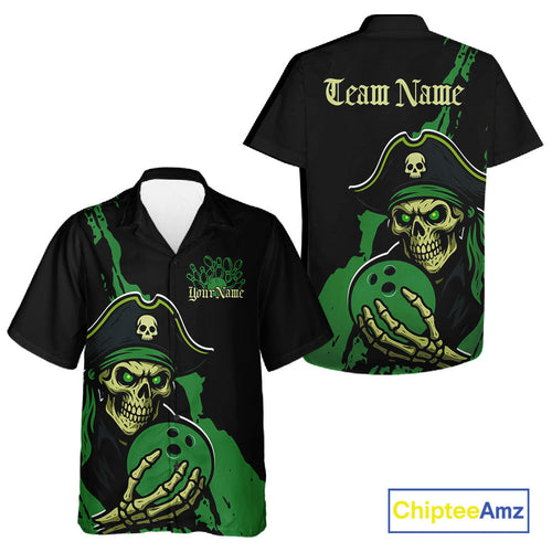 Custom Black And Green Pirate Bowling And Hawaiian Shirt, Pirate Bowling Team Jerseys