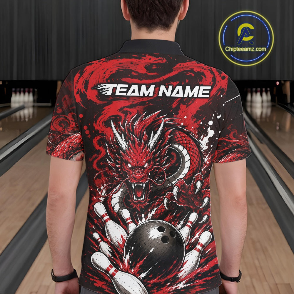 Custom Black And Red Splatter Dragon Bowling Polo Shirt, Team League Shirt