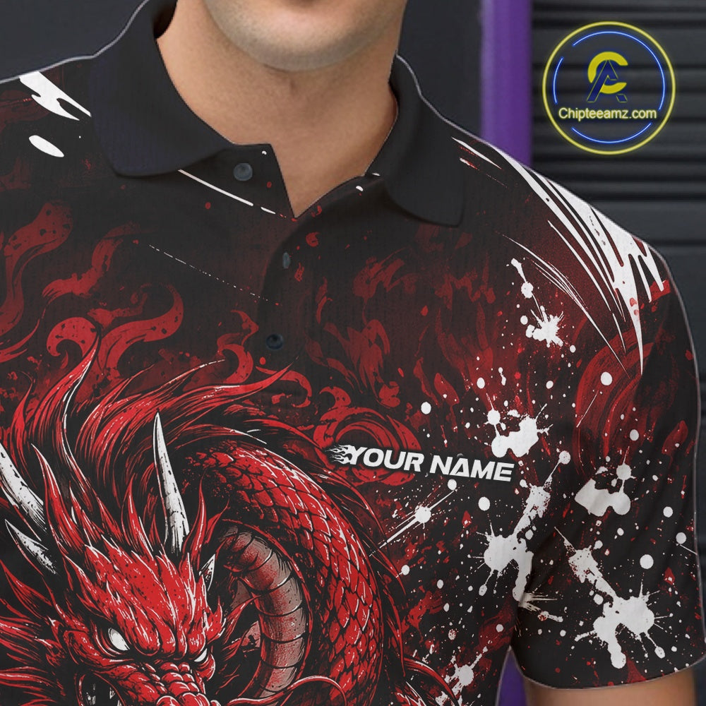 Custom Black And Red Splatter Dragon Bowling Polo Shirt, Team League Shirt