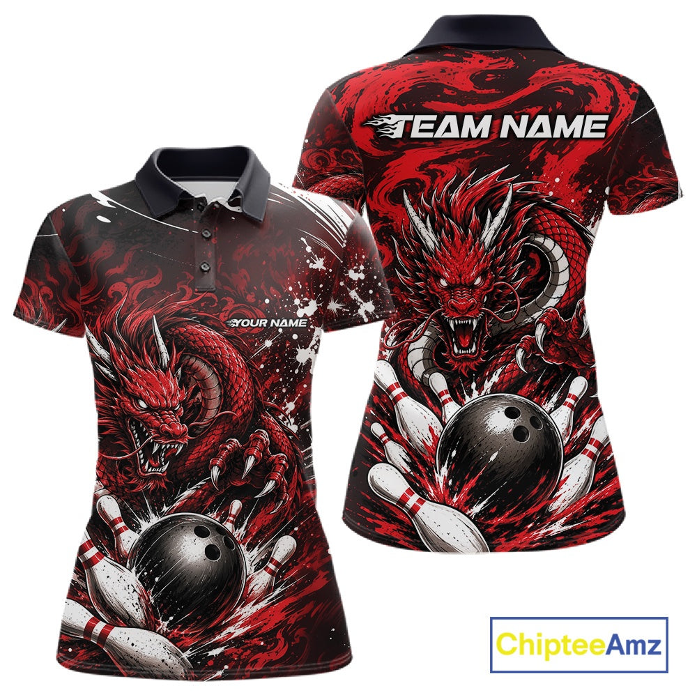 Custom Black And Red Splatter Dragon Bowling Polo Shirt, Team League Shirt