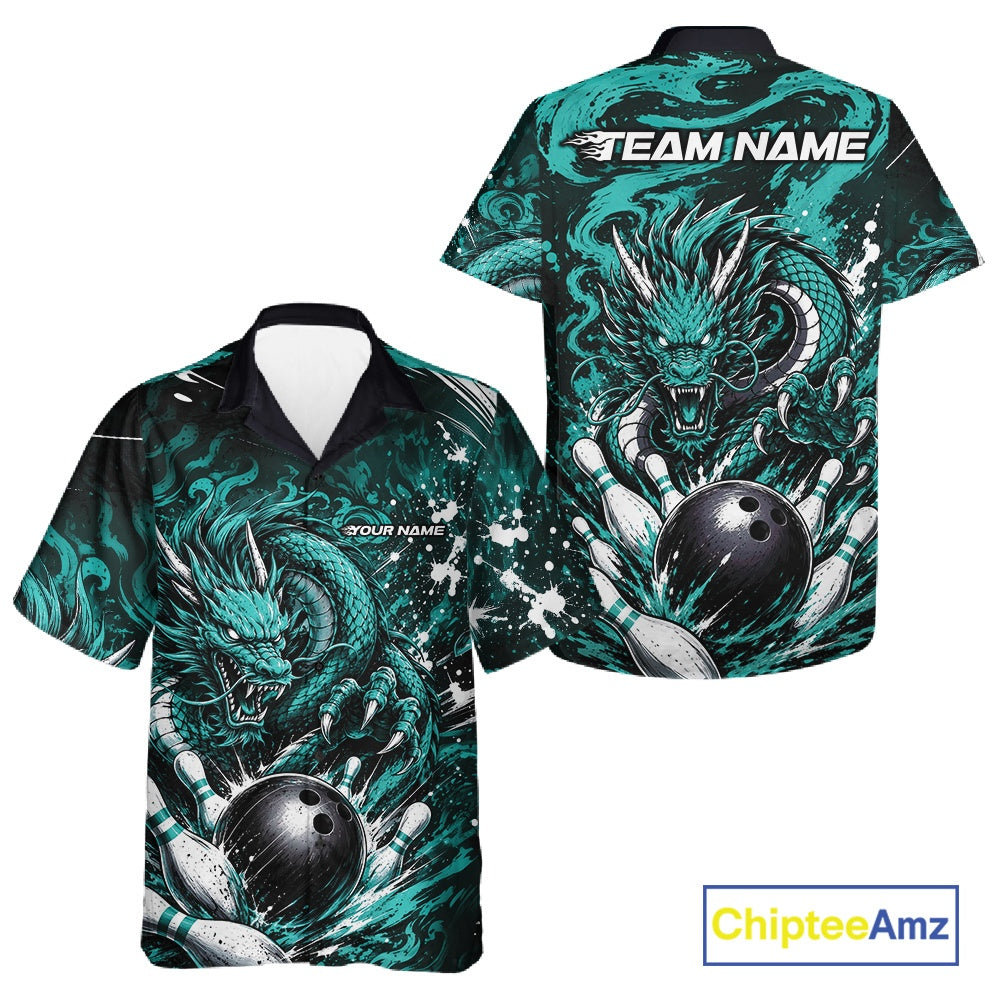 Custom Black And Turquoise Blue Splatter Dragon And Bowling Hawaiian Shirt, Team League Shirt