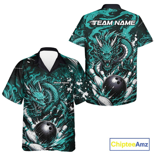 Custom Black And Turquoise Blue Splatter Dragon And Bowling Hawaiian Shirt, Team League Shirt